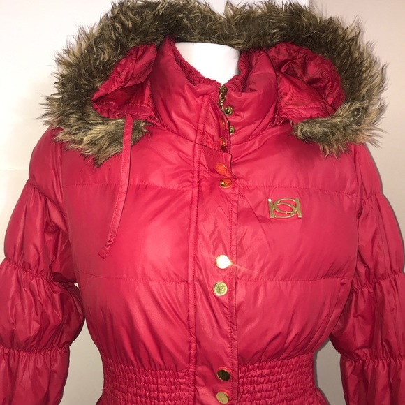 Bebe Cherry Red Bomber Puffer Gold Belted Jacket - Picture 5 of 15